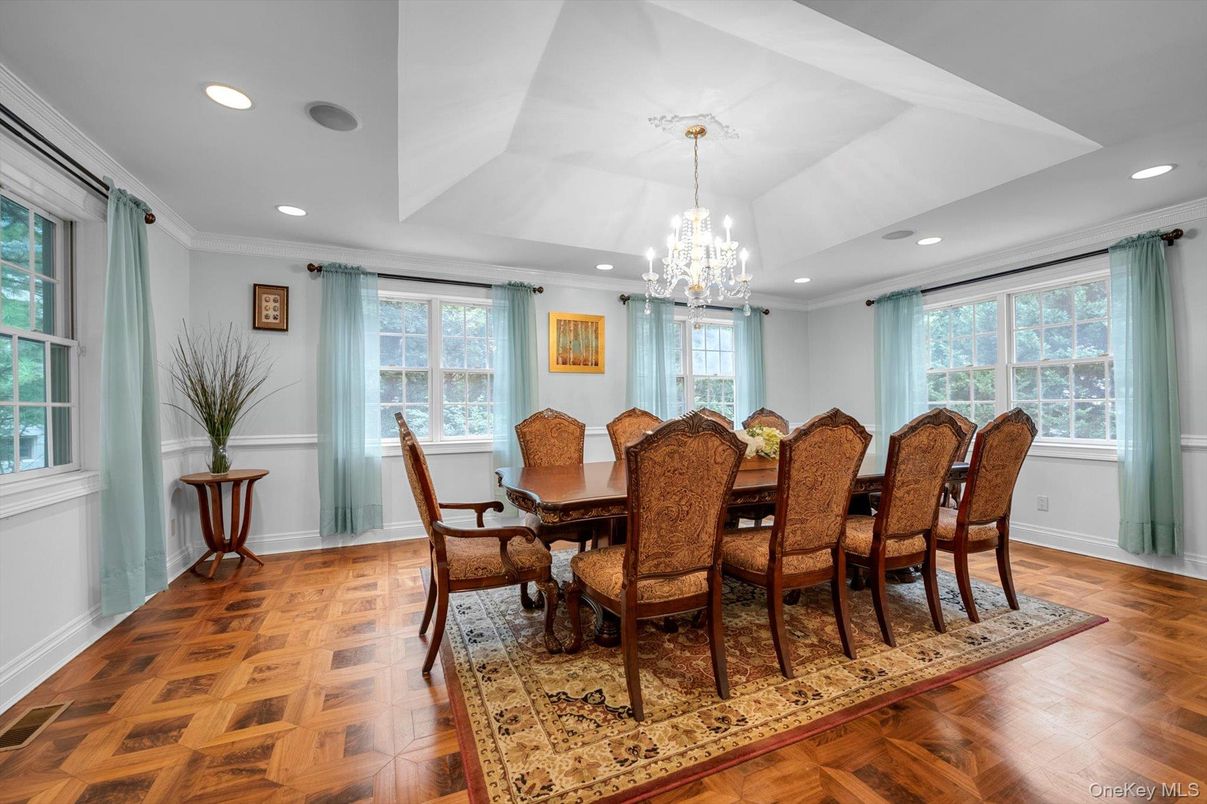 Chandelier, Dining room, Interior, Recessed Lighting, Wood Texture Flooring