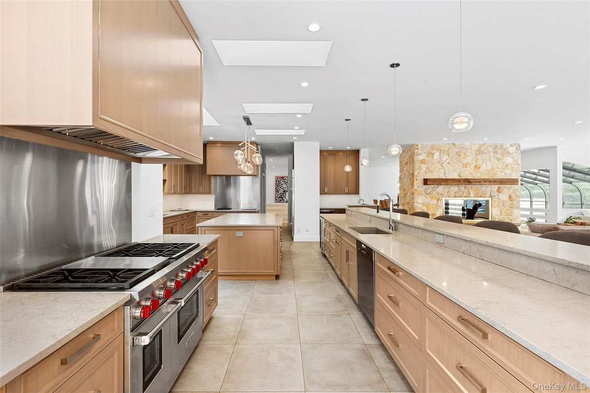 Fireplace, Interior, Kitchen, Pendant Lights, Recessed Lighting, Stainless Steel Appliances