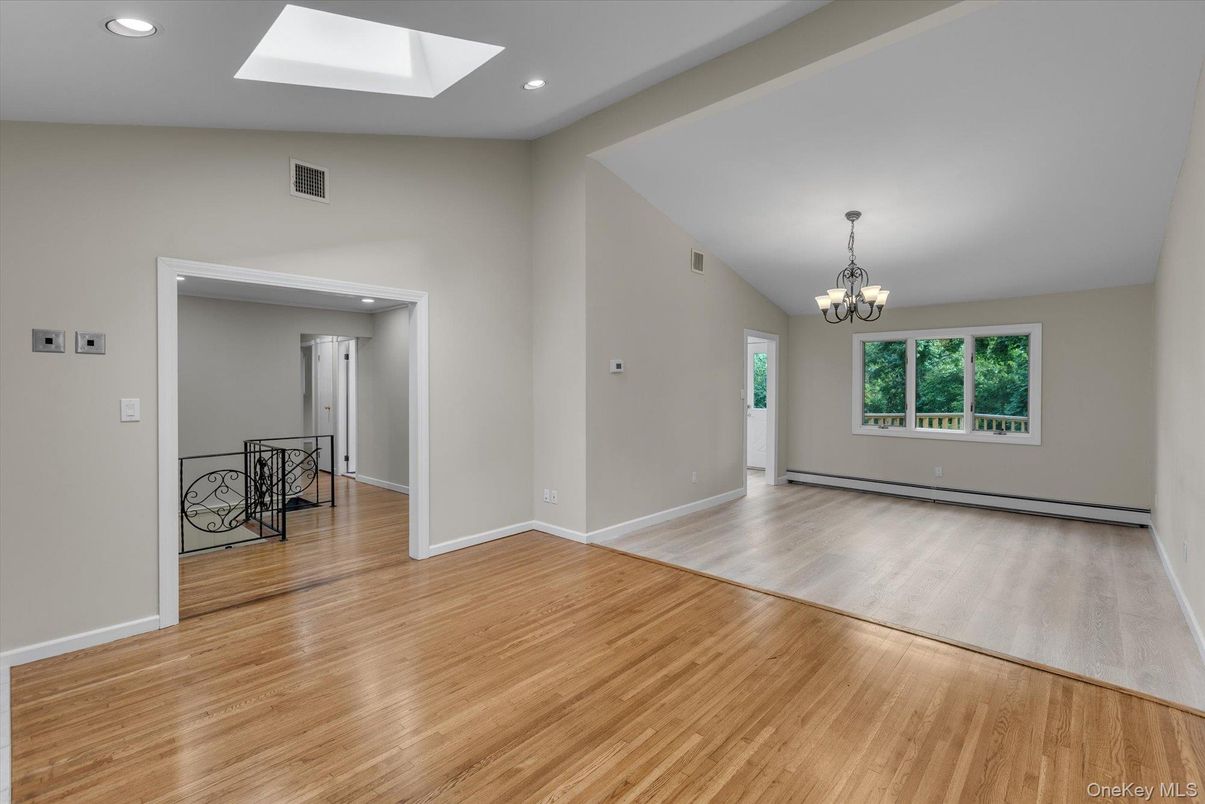 Chandelier, Empty room, Interior, Recessed Lighting, Wood Texture Flooring