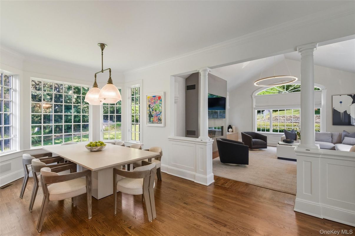 Dining room, Interior, Living room, Pendant Lights, Wood Texture Flooring