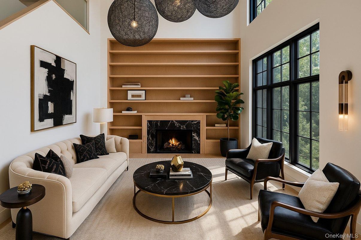 Fireplace, Interior, Living room, Pendant Lights