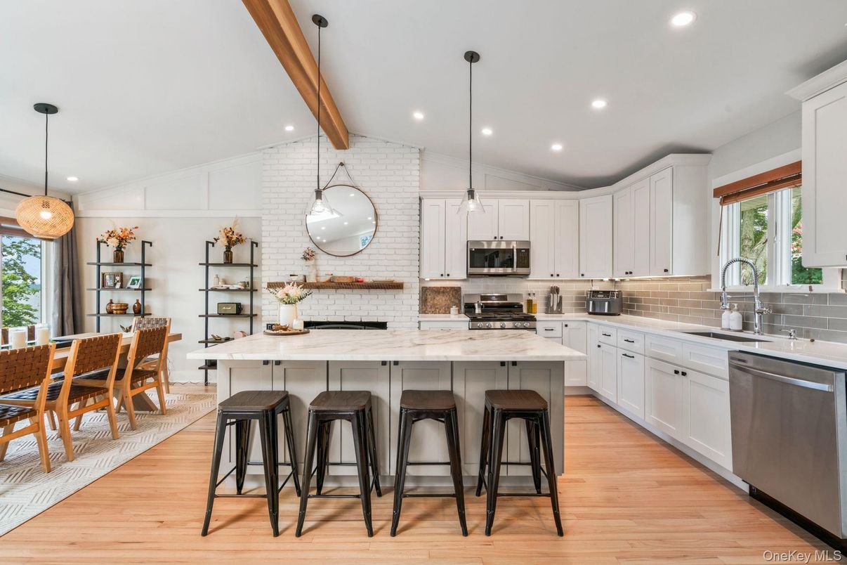 Interior, Kitchen, Pendant Lights, Recessed Lighting, Stainless Steel Appliances, Stone Walls, Wooden Beams, Wood Texture Flooring