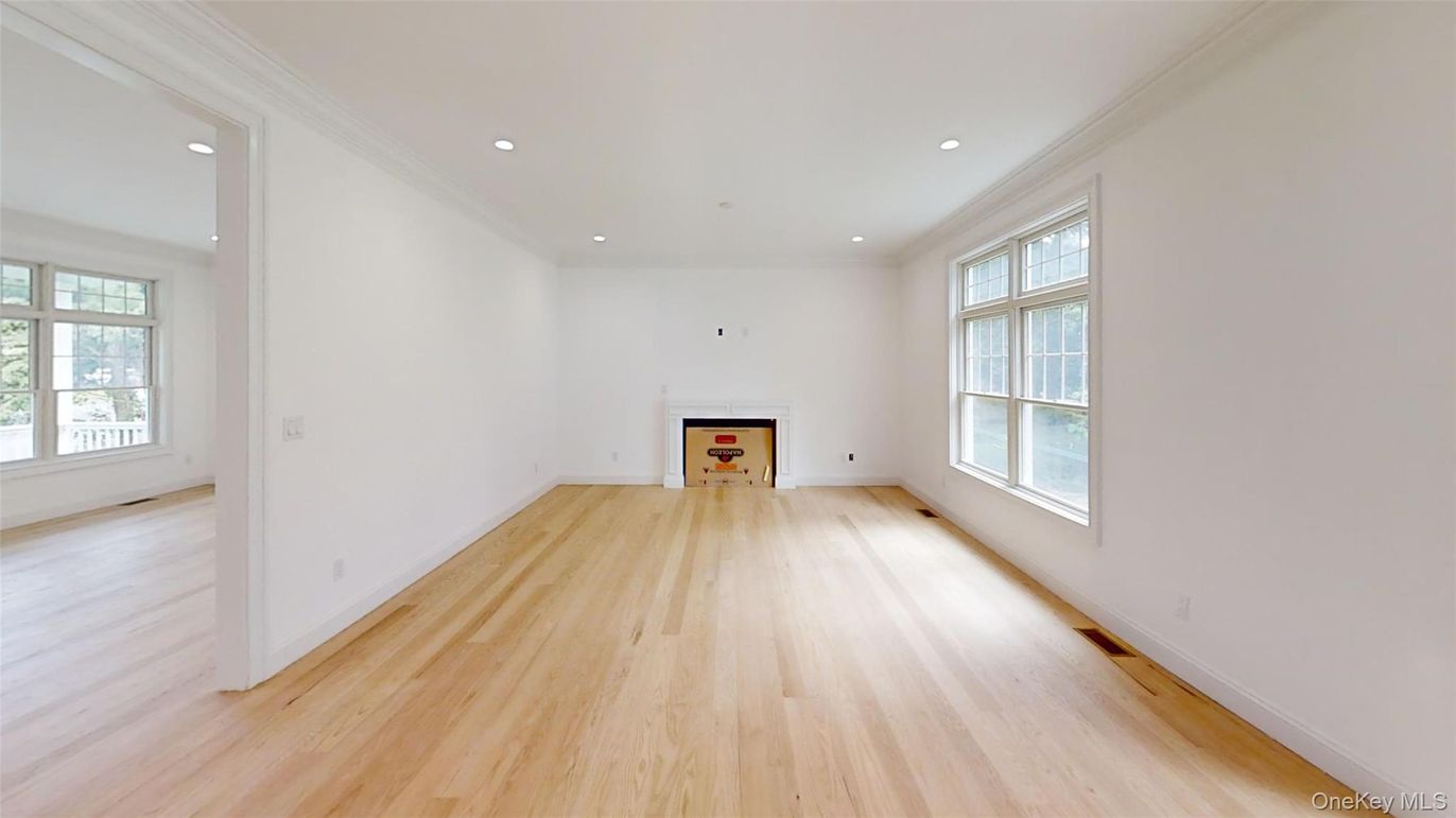 Empty room, Fireplace, Interior, Recessed Lighting, Wood Texture Flooring