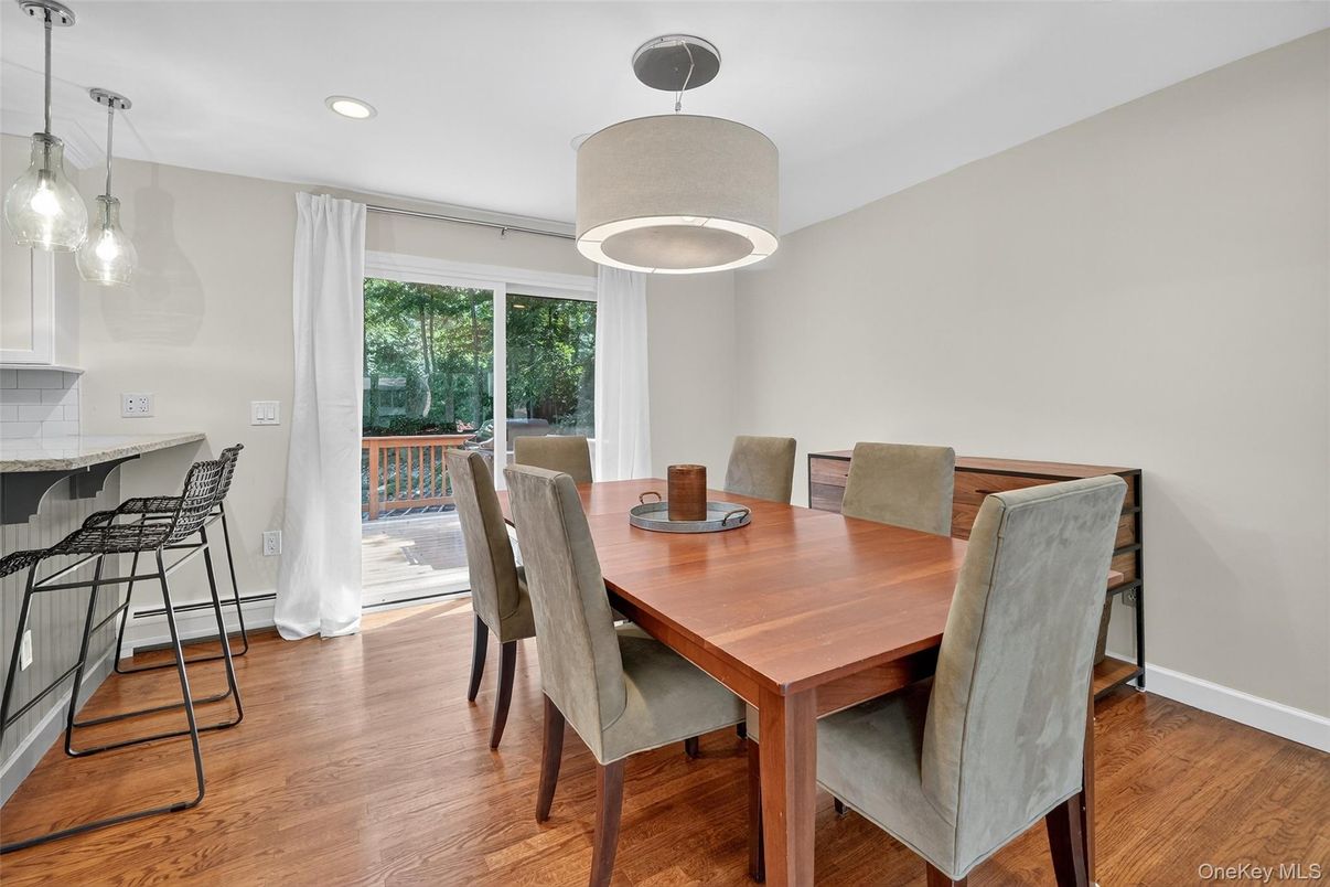 Dining room, Interior, Pendant Lights, Recessed Lighting, Wood Texture Flooring