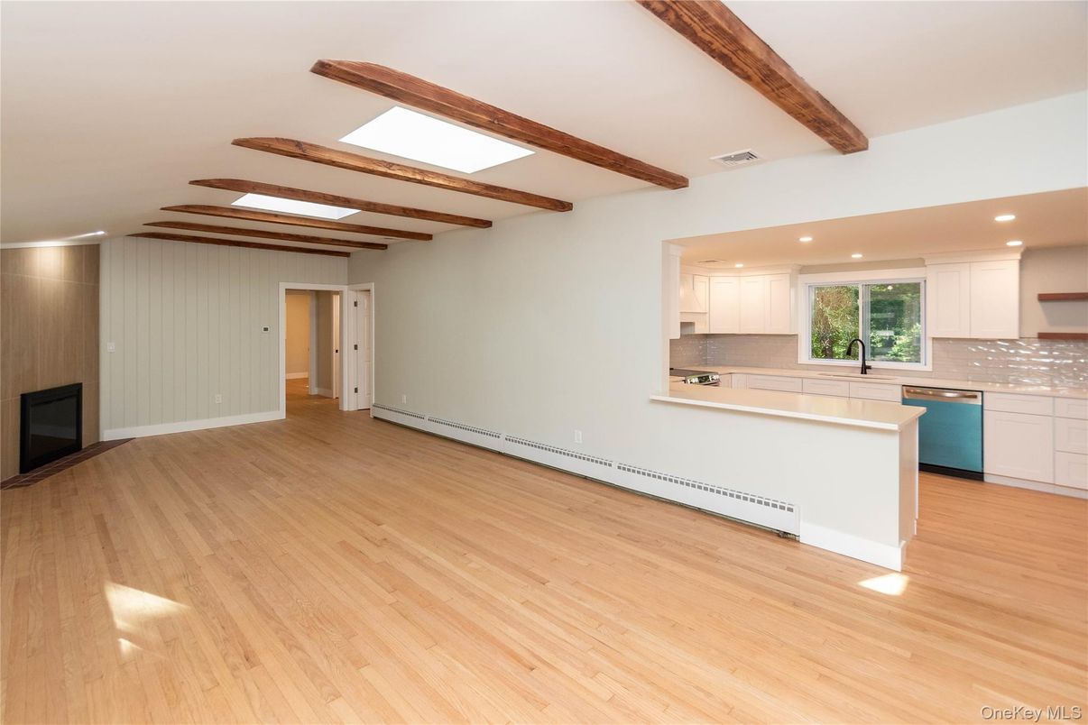 Interior, Kitchen, Recessed Lighting, Wooden Beams, Wood Texture Flooring