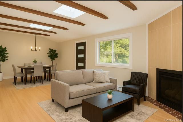 Chandelier, Dining room, Fireplace, Interior, Living room, Wooden Beams, Wood Texture Flooring