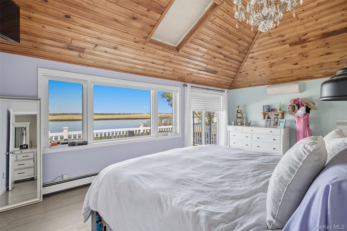 Bedroom, Chandelier, Interior, Water, Wooden Ceilings, Wood Texture Flooring