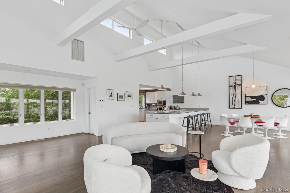Dining room, Interior, Kitchen, Living room, Pendant Lights, Wood Texture Flooring