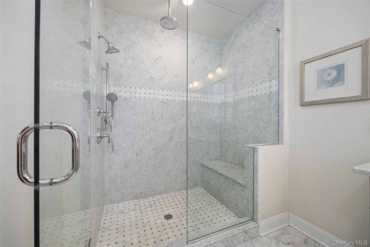 Bathroom, Glass Shower, Interior, Marble, Marble Walls, Recessed Lighting