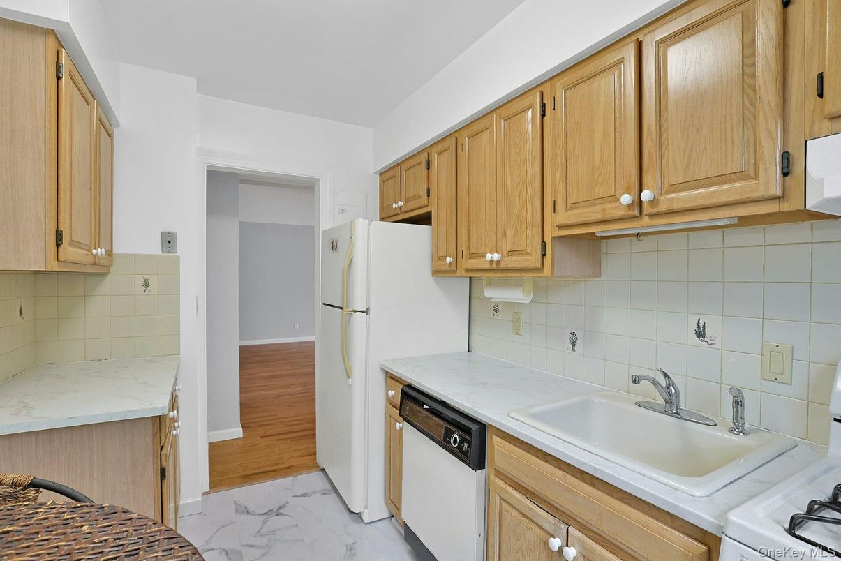 Interior, Kitchen, Marble, Tile Countertops, Wood Texture Flooring