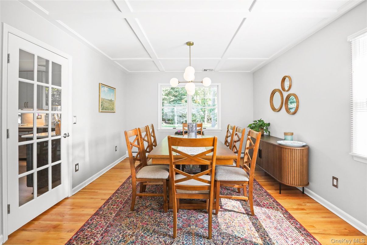 Dining room, Interior, Pendant Lights, Wood Texture Flooring