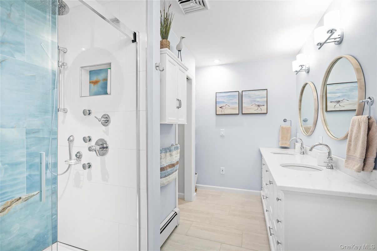 Bathroom, Dual Sink Vanities, Glass Shower, Interior, Recessed Lighting