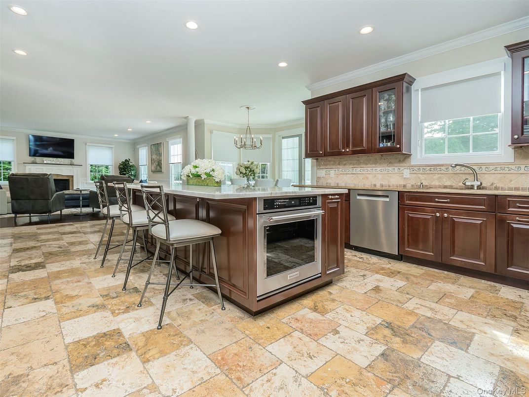 Fireplace, Interior, Kitchen, Pendant Lights, Recessed Lighting, Stainless Steel Appliances