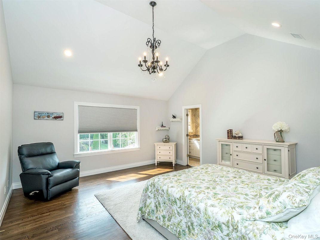Bedroom, Chandelier, Interior, Recessed Lighting, Wood Texture Flooring