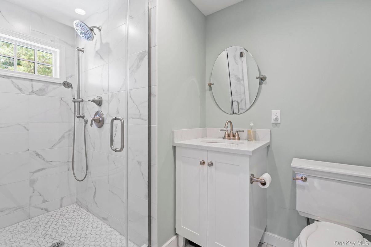 Bathroom, Glass Shower, Interior, Marble Walls, Recessed Lighting
