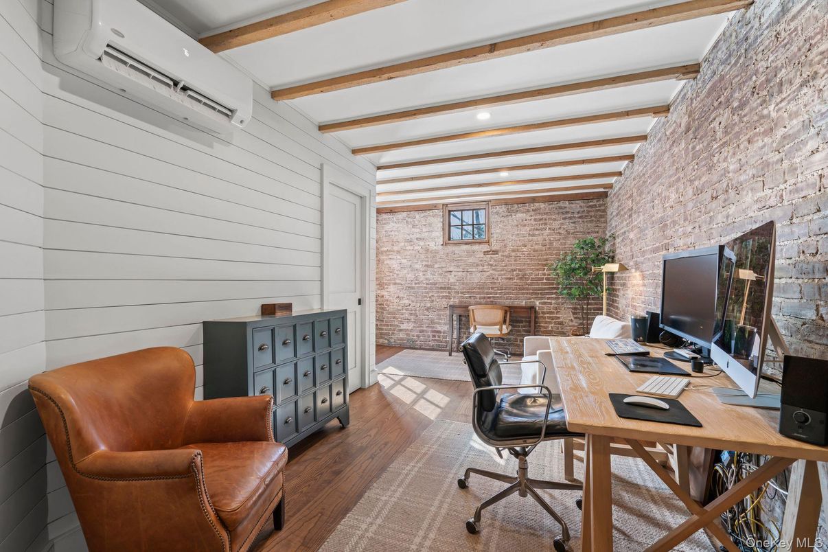 Fireplace, Home Office, Interior, Recessed Lighting, Stone Walls, Wooden Beams, Wood Texture Flooring