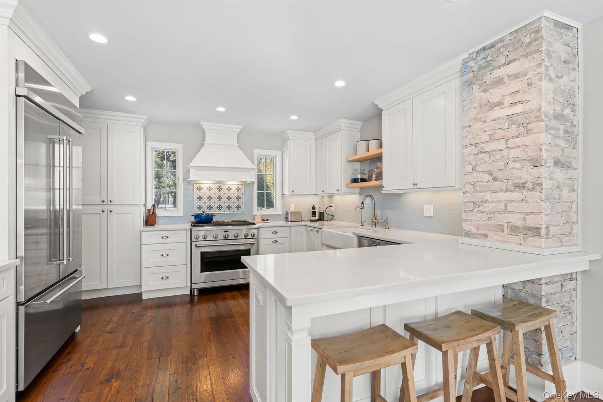 Interior, Kitchen, Recessed Lighting, Stainless Steel Appliances, Stone Walls, Wood Texture Flooring