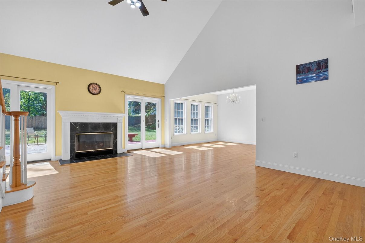 Chandelier, Empty room, Fireplace, Interior, Wood Texture Flooring