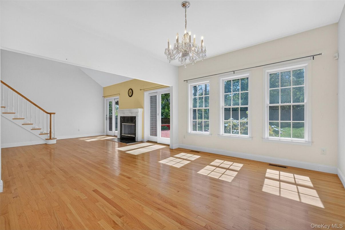 Chandelier, Empty room, Fireplace, Interior, Wood Texture Flooring