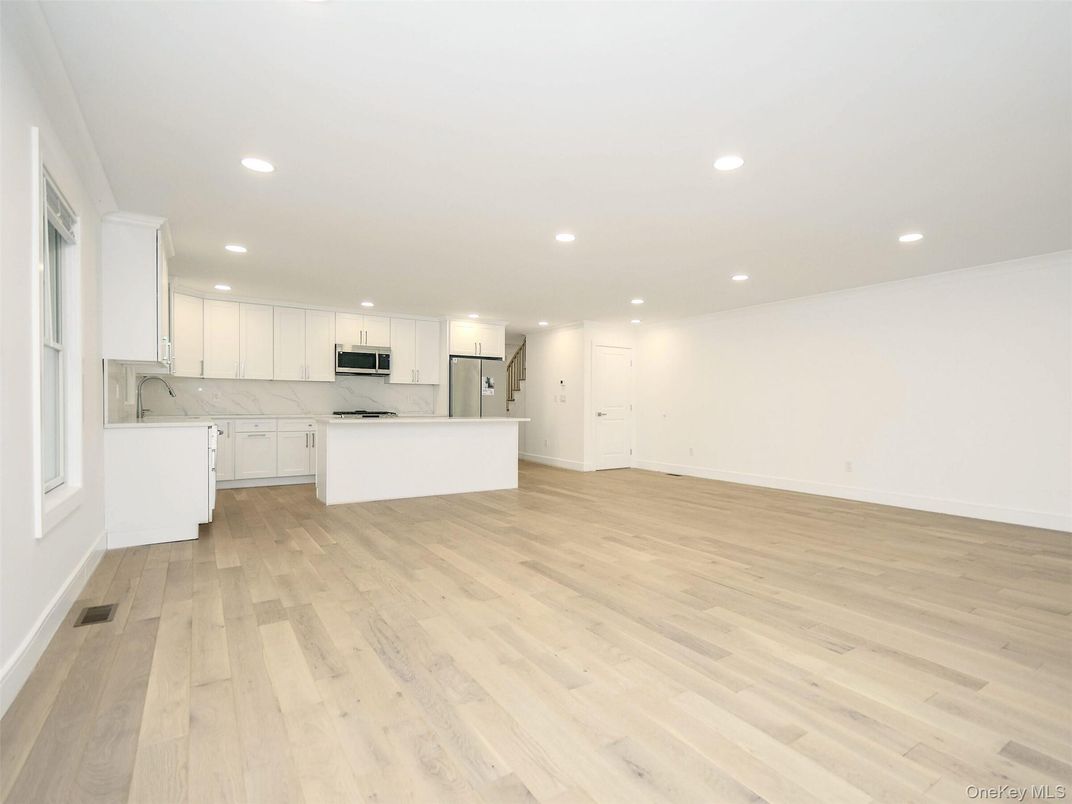 Interior, Kitchen, Marble Walls, Recessed Lighting, Wood Texture Flooring