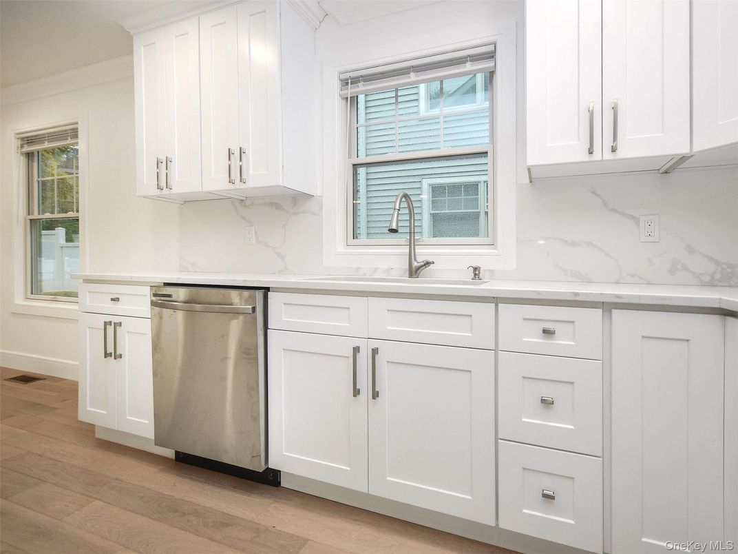 Interior, Kitchen, Marble Walls, Stainless Steel Appliances, Wood Texture Flooring