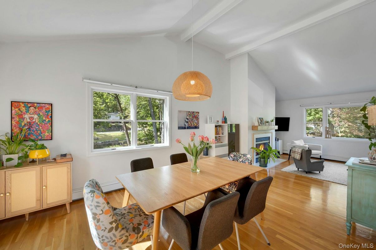Dining room, Fireplace, Interior, Living room, Pendant Lights, Wood Texture Flooring