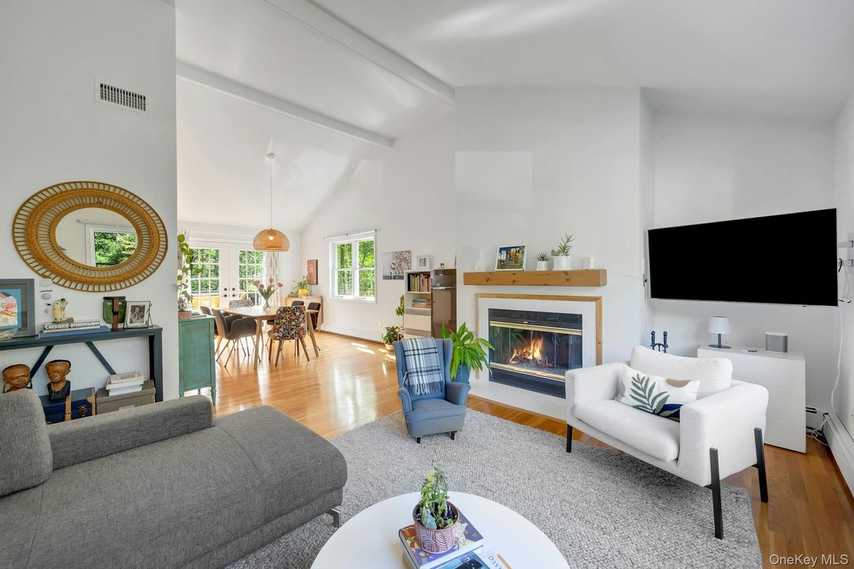 Dining room, Fireplace, Interior, Living room, Pendant Lights, Wood Texture Flooring