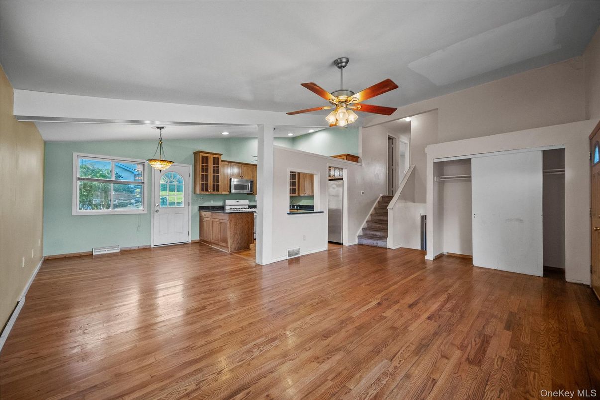 Empty room, Interior, Kitchen, Pendant Lights, Recessed Lighting, Wood Texture Flooring