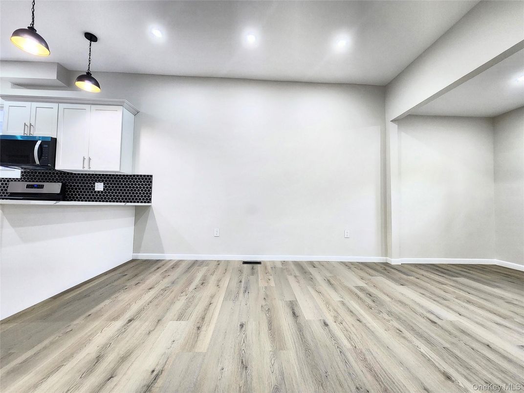 Empty room, Interior, Kitchen, Pendant Lights, Recessed Lighting, Wood Texture Flooring