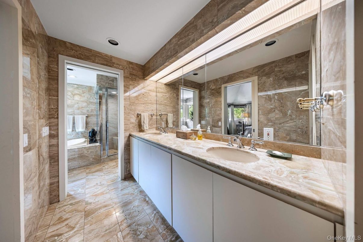 Bathroom, Dual Sink Vanities, Glass Shower, Interior, Stone Walls