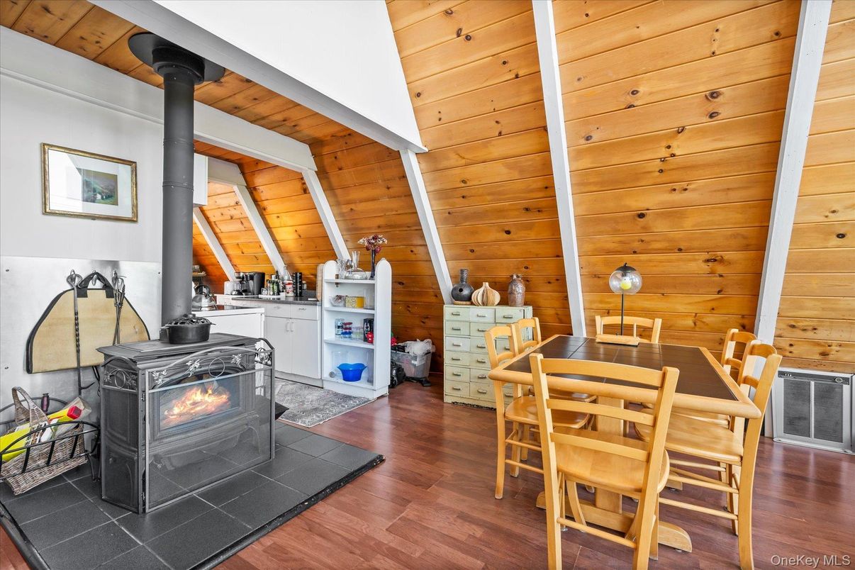 Dining room, Fireplace, Interior, Wooden Ceilings, Wood Texture Flooring, Wooden Walls