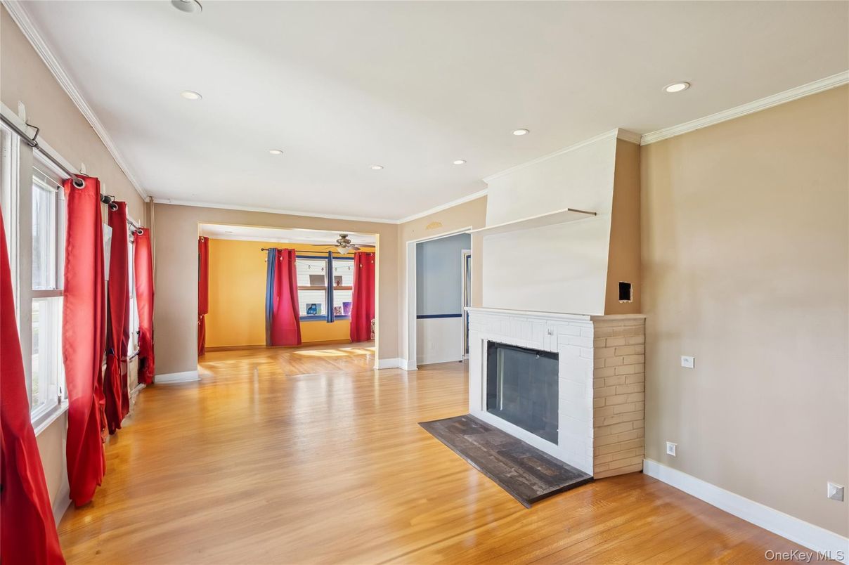 Empty room, Fireplace, Interior, Recessed Lighting, Wood Texture Flooring