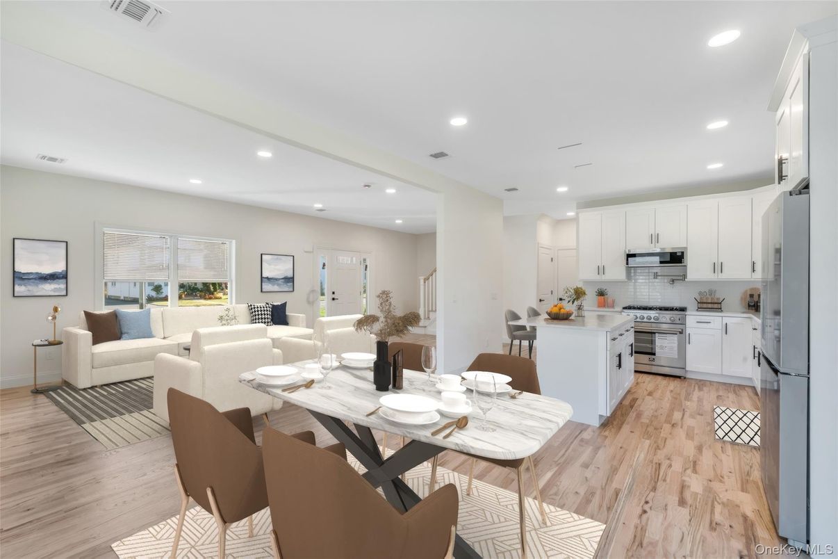 Dining room, Interior, Kitchen, Living room, Recessed Lighting, Stainless Steel Appliances, Wood Texture Flooring