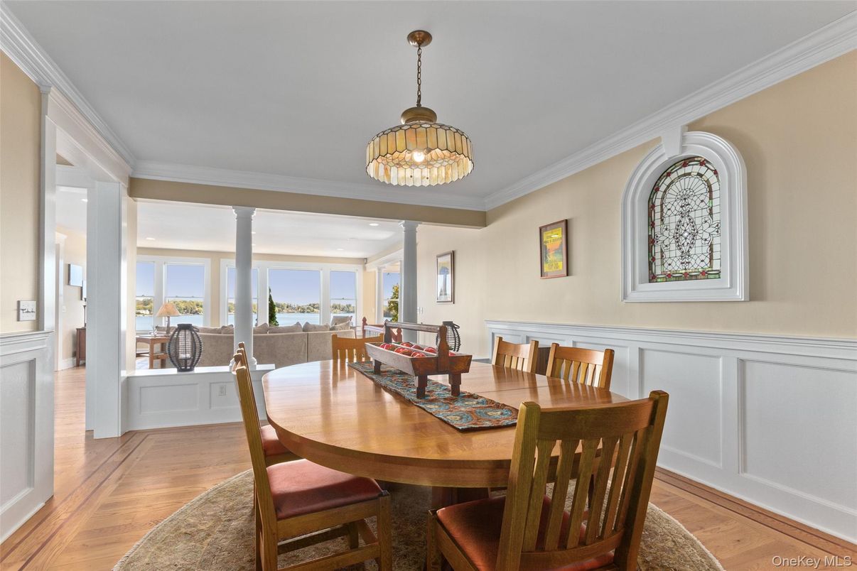 Dining room, Interior, Pendant Lights, Wood Texture Flooring