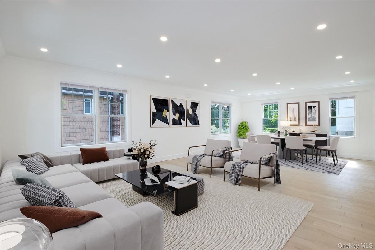 Dining room, Interior, Living room, Recessed Lighting, Wood Texture Flooring