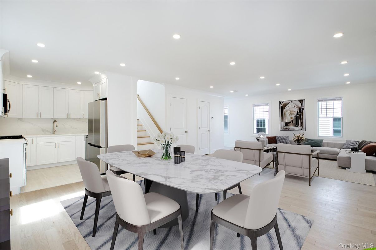 Dining room, Interior, Kitchen, Living room, Recessed Lighting, Wood Texture Flooring