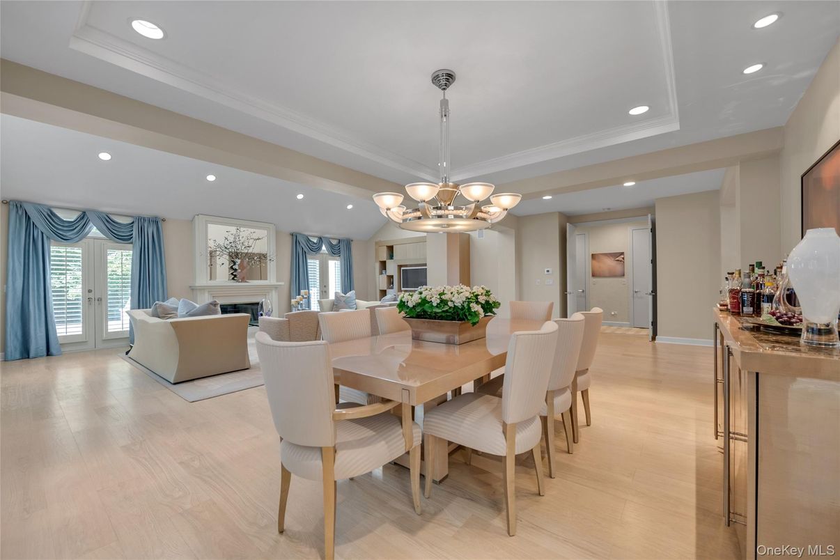 Chandelier, Dining room, Fireplace, Interior, Living room, Recessed Lighting, Wood Texture Flooring