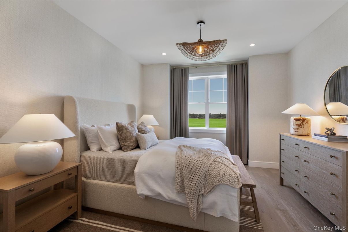 Bedroom, Chandelier, Interior, Recessed Lighting, Wood Texture Flooring