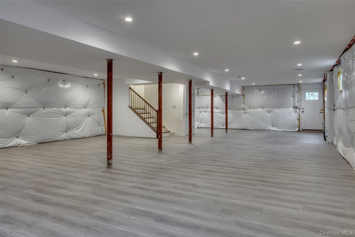Interior, Marble Walls, Recessed Lighting, Wood Texture Flooring