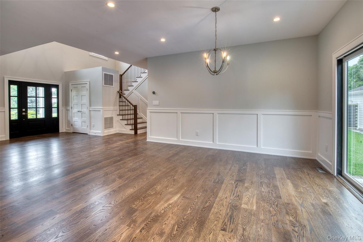 Empty room, Interior, Pendant Lights, Recessed Lighting, Wood Texture Flooring