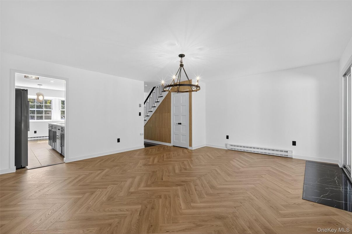Chandelier, Empty room, Interior, Kitchen, Pendant Lights, Wood Texture Flooring