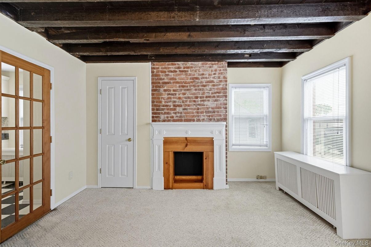 Empty room, Fireplace, Interior, Stone Walls, Wooden Beams
