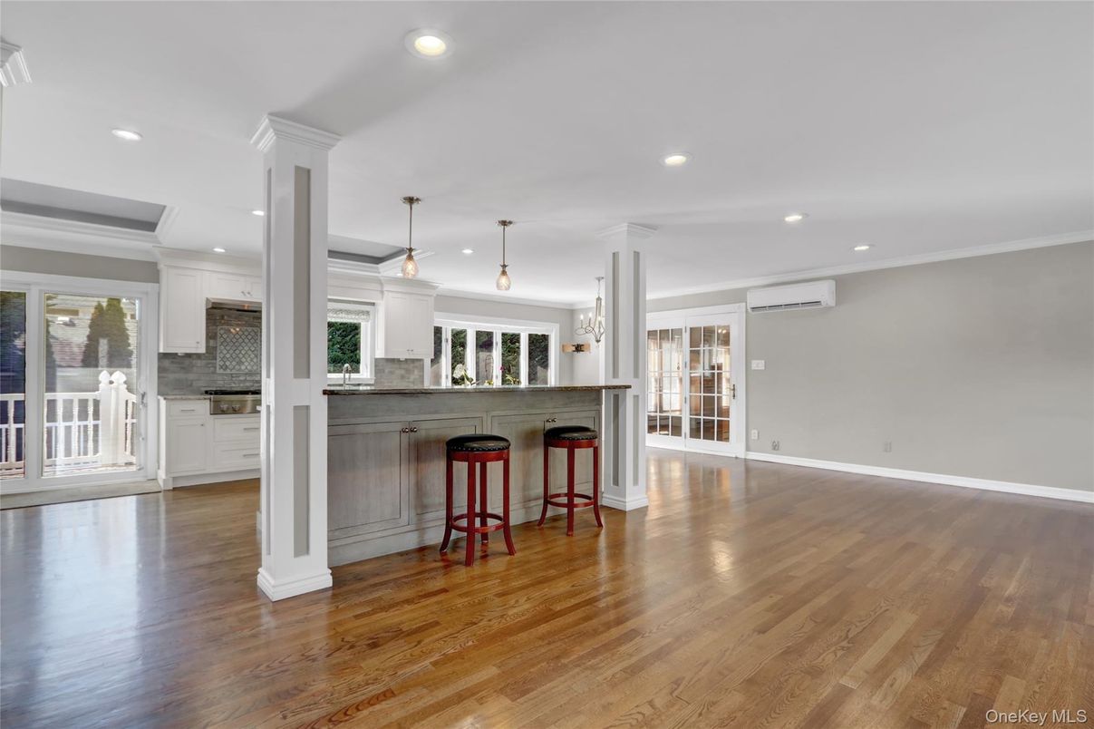 Empty room, Interior, Kitchen, Pendant Lights, Recessed Lighting, Wood Texture Flooring