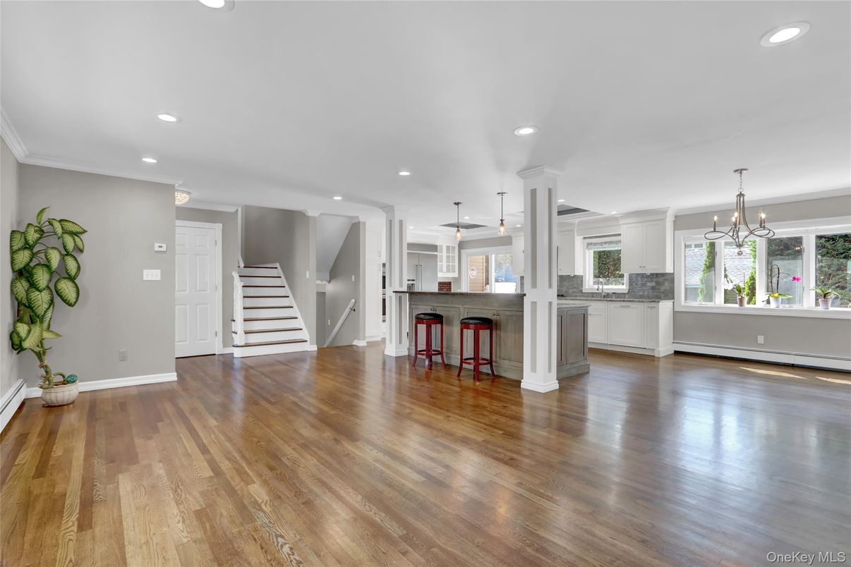 Empty room, Interior, Kitchen, Pendant Lights, Recessed Lighting, Wood Texture Flooring