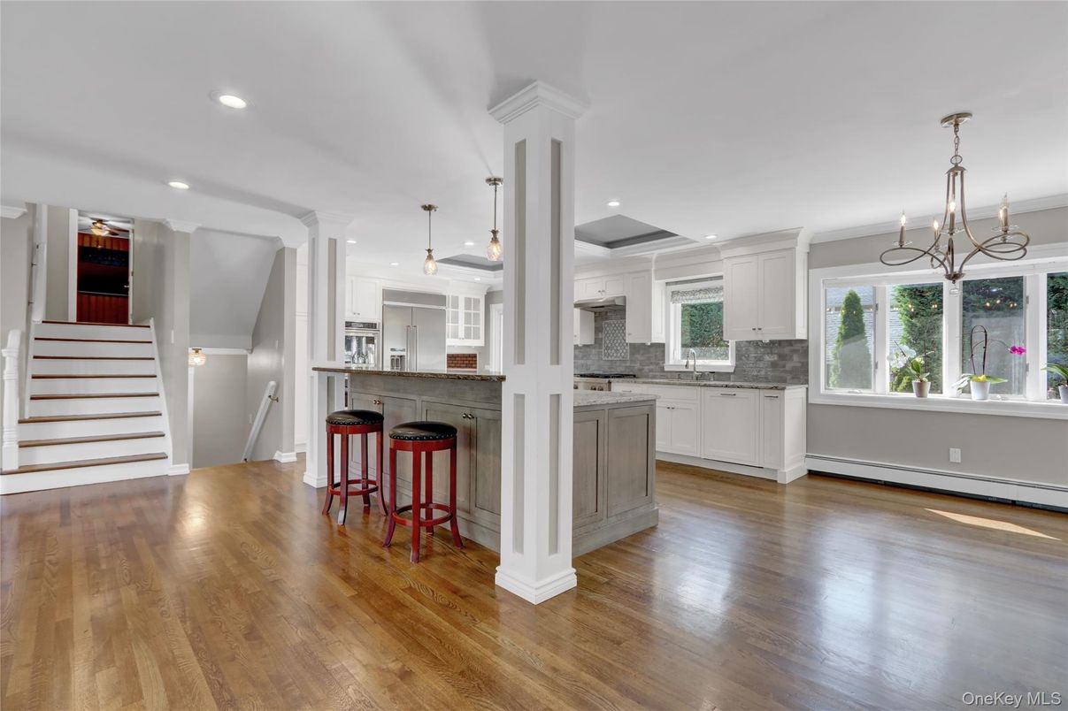 Chandelier, Interior, Kitchen, Pendant Lights, Recessed Lighting, Wood Texture Flooring