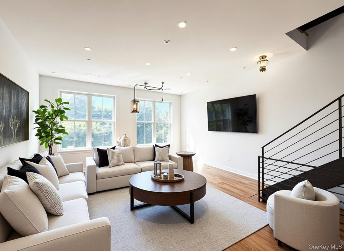 Interior, Living room, Pendant Lights, Recessed Lighting, Wood Texture Flooring