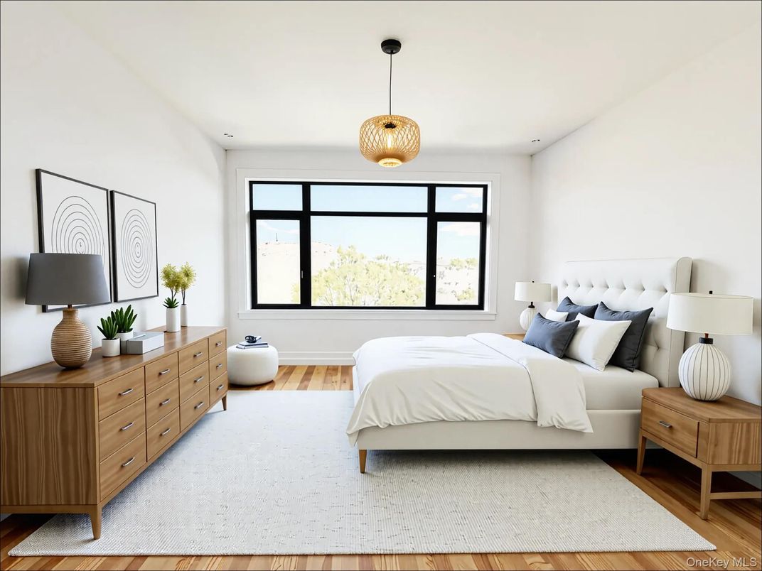 Bedroom, Interior, Pendant Lights, Wood Texture Flooring