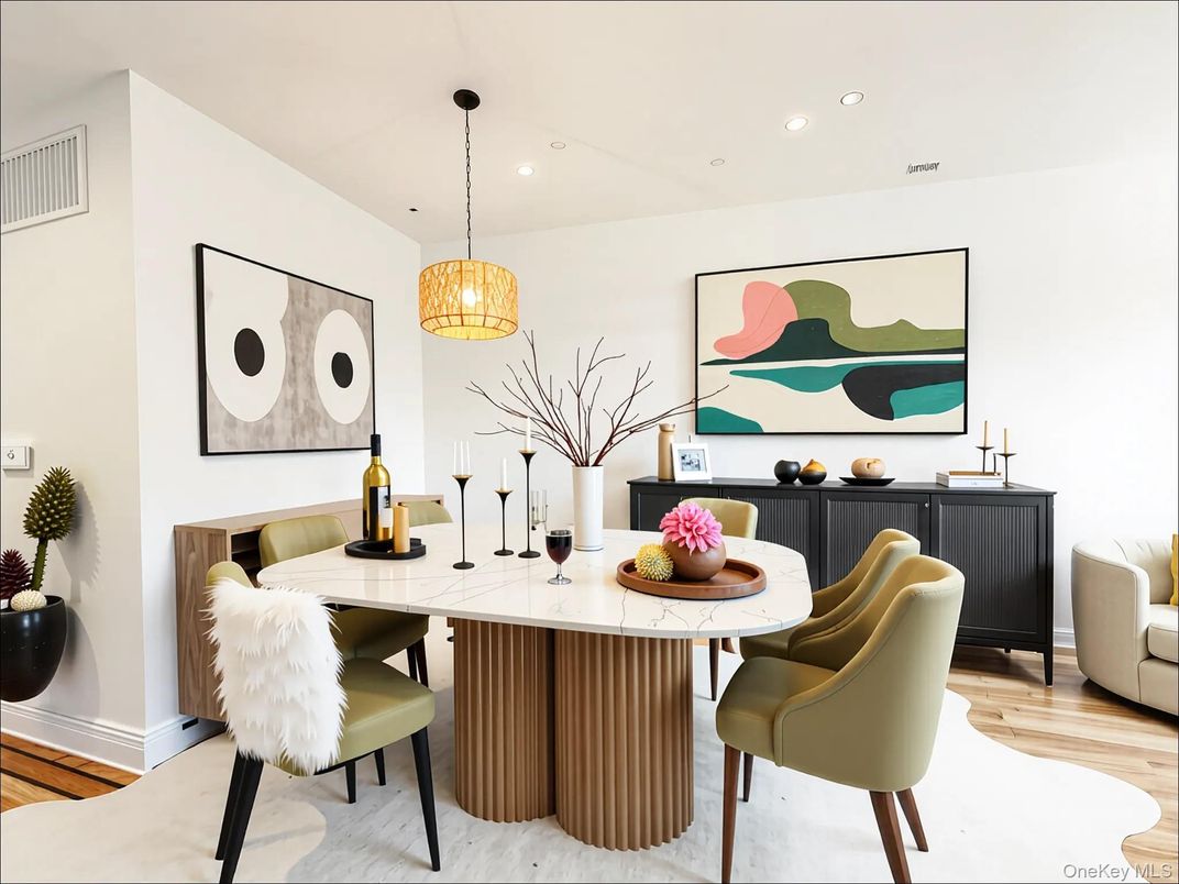 Dining room, Interior, Pendant Lights, Recessed Lighting, Wood Texture Flooring