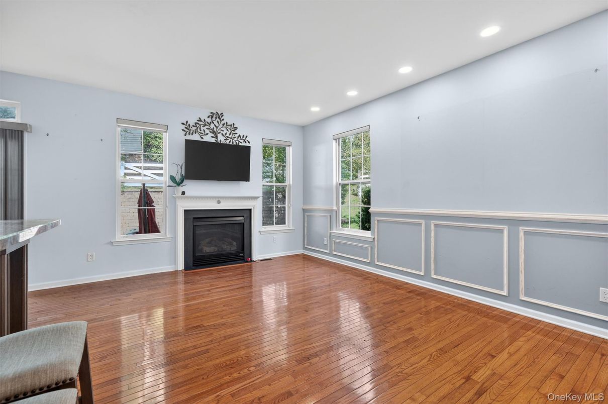 Empty room, Fireplace, Interior, Recessed Lighting, Wood Texture Flooring