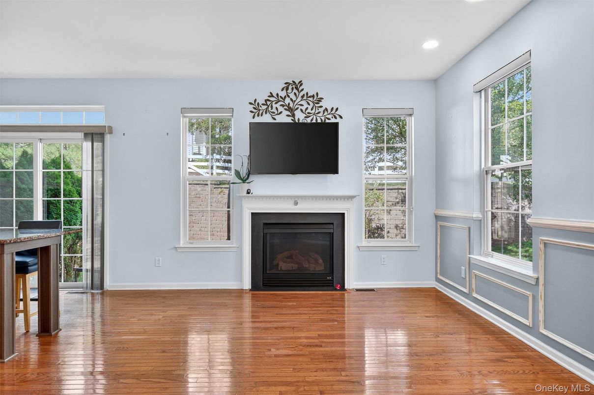 Empty room, Fireplace, Interior, Recessed Lighting, Wood Texture Flooring